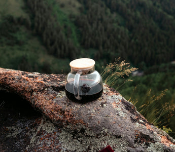 A outdoor Pu-erh tea brew setting featuring a glass teapot and cup on a rock, overlooking a lush, green valley.