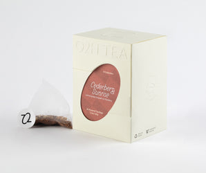 Cederberg Sunrise rooibos tea in pyramid tea bags with box displayed on white background.