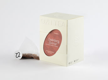 Cederberg Sunrise rooibos tea in pyramid tea bags with box displayed on white background.