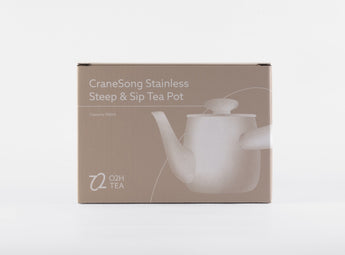 O2H TEA's CraneSong Stainless Steep & Sip Tea Pot in elegant packaging, designed for the modern tea enthusiast who appreciates precision steeping.