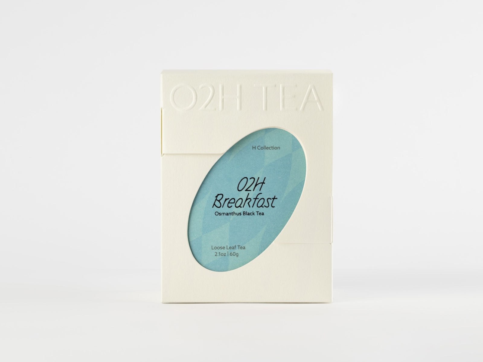 A package of O2H Breakfast Tea featuring Osmanthus Black Tea, with a sophisticated design and a peek window revealing product name O2H breakfast