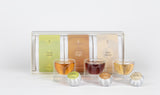 O2H TEA Tangerine Collection Set, featuring tangerine-infused oolong, pu-erh, and white tea, elegantly presented with transparent cups - the ideal tea gift set.