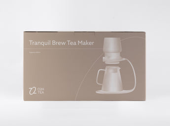 Packaging of O2H TEA's Tranquil Brew Tea Maker, the perfect vessel for steeping both loose leaf and tea bags, designed for tea connoisseurs.